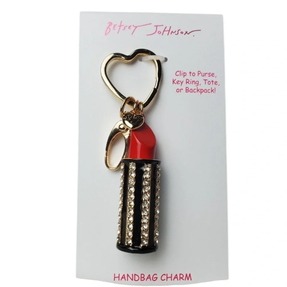 BETSEY JOHNSON Fire Engine Red Lipstick Crystal-Studded Bag Charm Keychain NWT